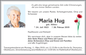 Traueranzeige von Maria Hug von Allgäuer Zeitung, Kaufbeuren/Buchloe