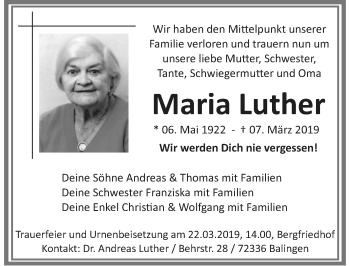 Traueranzeige von Maria Luther von Der Westallgäuer