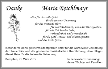 Traueranzeige von Maria Reichlmayr von Allgäuer Zeitung,Kempten