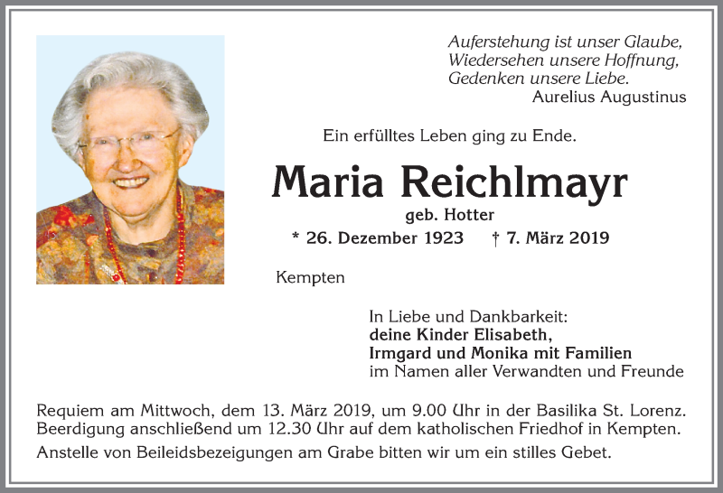  Traueranzeige für Maria Reichlmayr vom 11.03.2019 aus Allgäuer Zeitung,Kempten