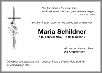 Traueranzeige von Maria Schildner von Memminger Zeitung