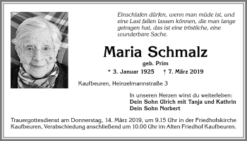 Traueranzeige von Maria Schmalz von Allgäuer Zeitung, Kaufbeuren/Buchloe