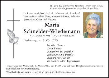 Traueranzeige von Maria Schneider-Wiedemann von Der Westallgäuer