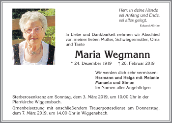 Traueranzeige von Maria Wegmann von Allgäuer Zeitung,Kempten