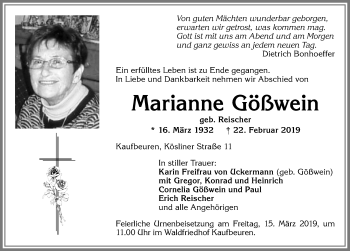 Traueranzeige von Marianne Gößwein von Allgäuer Zeitung, Kaufbeuren/Buchloe