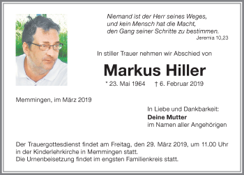 Traueranzeige von Markus Hiller von Memminger Zeitung