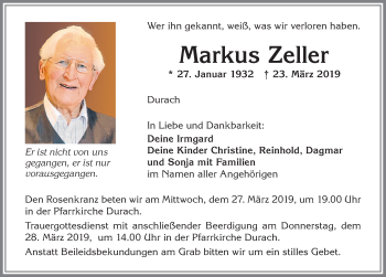 Traueranzeige von Markus Zeller von Allgäuer Zeitung,Kempten