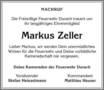 Traueranzeige von Markus Zeller von Allgäuer Zeitung,Kempten