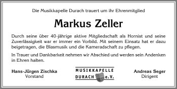 Traueranzeige von Markus Zeller von Allgäuer Zeitung,Kempten