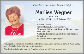 Traueranzeige von Marlies Wegner von Allgäuer Zeitung, Kaufbeuren/Buchloe