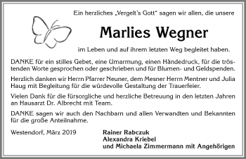 Traueranzeige von Marlies Wegner von Allgäuer Zeitung, Kaufbeuren/Buchloe