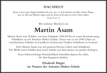 Traueranzeige von Martin Asam von Der Westallgäuer