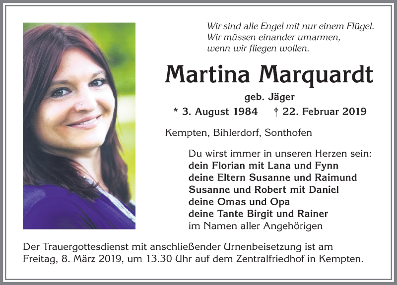  Traueranzeige für Martina Marquardt vom 06.03.2019 aus Allgäuer Zeitung,Kempten