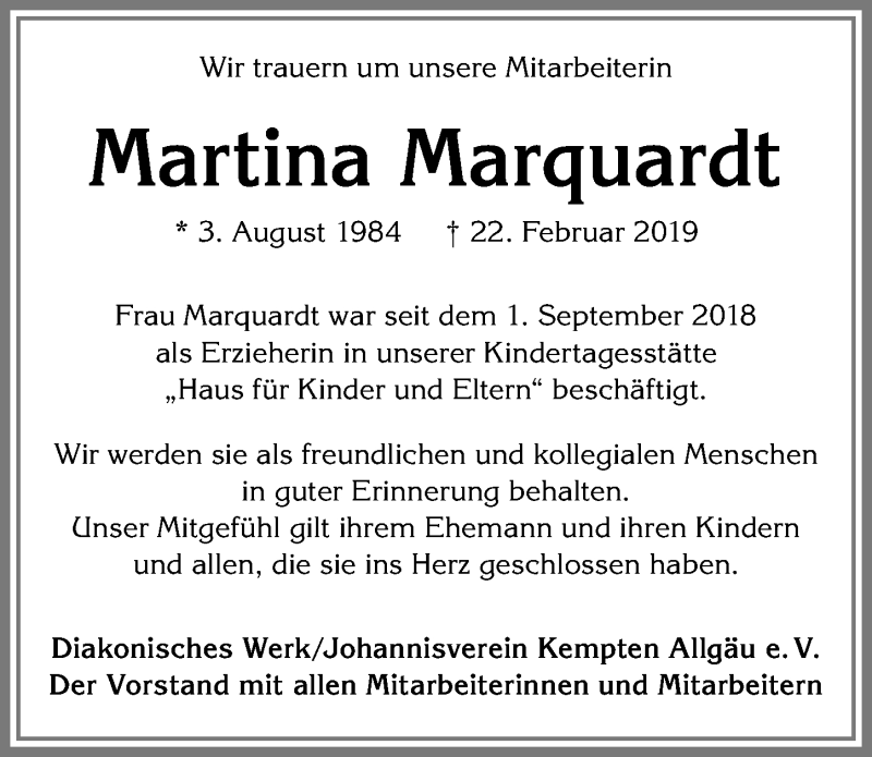  Traueranzeige für Martina Marquardt vom 05.03.2019 aus Allgäuer Zeitung,Kempten