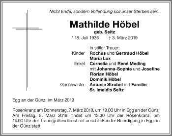 Traueranzeige von Mathilde Höbel von Memminger Zeitung