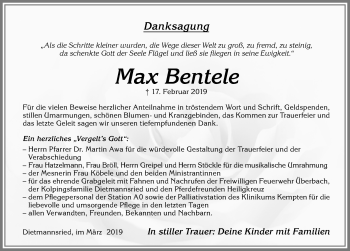 Traueranzeige von Max Bentele von Allgäuer Zeitung,Kempten