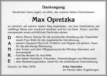 Traueranzeige von Max Opretzka von Allgäuer Zeitung,Kempten