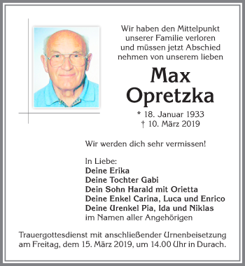 Traueranzeige von Max Opretzka von Allgäuer Zeitung,Kempten