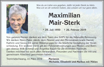 Traueranzeige von Maximilian Mair-Sterk von Allgäuer Zeitung