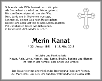 Traueranzeige von Merin Kanat von Allgäuer Zeitung, Füssen