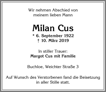 Traueranzeige von Milan Cus von Allgäuer Zeitung, Kaufbeuren/Buchloe