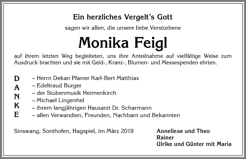  Traueranzeige für Monika Feigl vom 09.03.2019 aus Allgäuer Anzeigeblatt