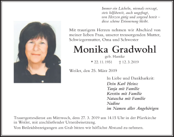 Traueranzeige von Monika Gradwohl von Der Westallgäuer