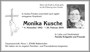 Traueranzeige von Monika Kusche von Allgäuer Zeitung,Kempten