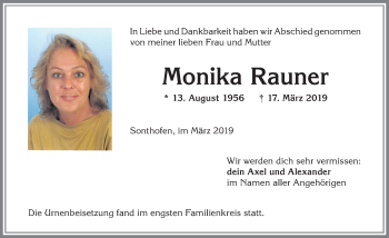 Traueranzeige von Monika Rauner von Allgäuer Anzeigeblatt