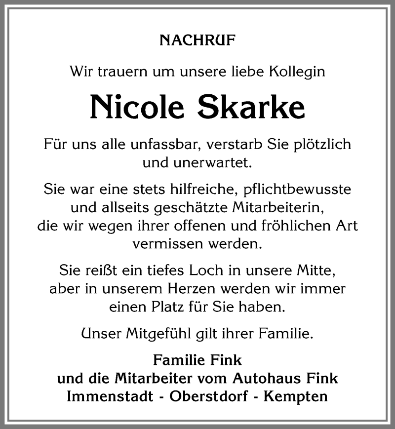  Traueranzeige für Nicole Skarke vom 29.03.2019 aus Allgäuer Anzeigeblatt