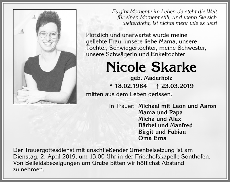  Traueranzeige für Nicole Skarke vom 29.03.2019 aus Allgäuer Anzeigeblatt
