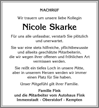 Traueranzeige von Nicole Skarke von Allgäuer Anzeigeblatt