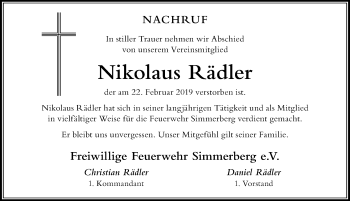 Traueranzeige von Nikolaus Rädler von Der Westallgäuer