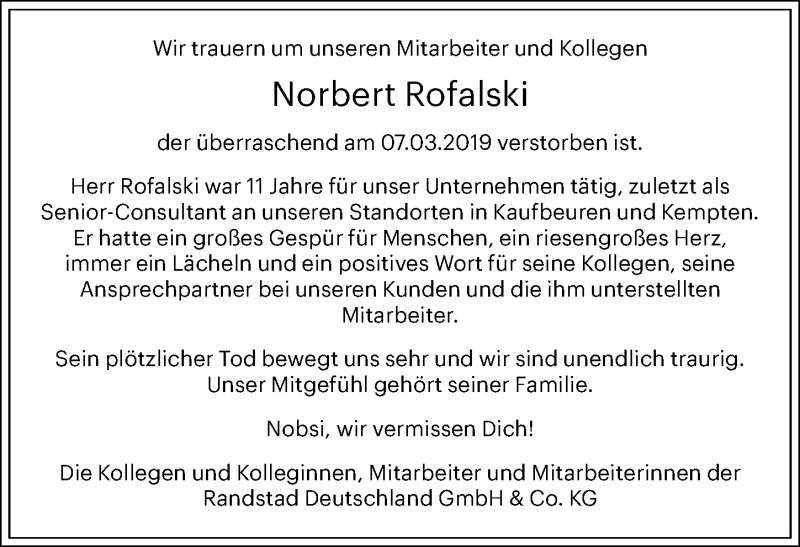  Traueranzeige für Norbert Rofalski vom 16.03.2019 aus Allgäuer Zeitung, Gesamtausgabe