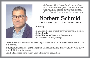 Traueranzeige von Norbert Schmid von Allgäuer Zeitung,Kempten