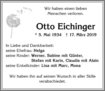 Traueranzeige von Otto Eichinger von Allgäuer Zeitung, Kaufbeuren/Buchloe