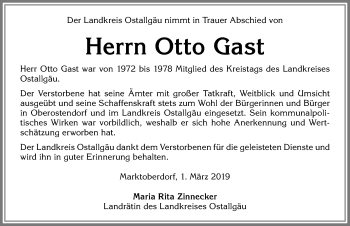 Traueranzeige von Otto Gast von Allgäuer Zeitung