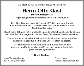 Traueranzeige von Otto Gast von Allgäuer Zeitung, Kaufbeuren/Buchloe