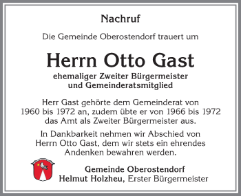 Traueranzeige von Otto Gast von Allgäuer Zeitung, Kaufbeuren/Buchloe