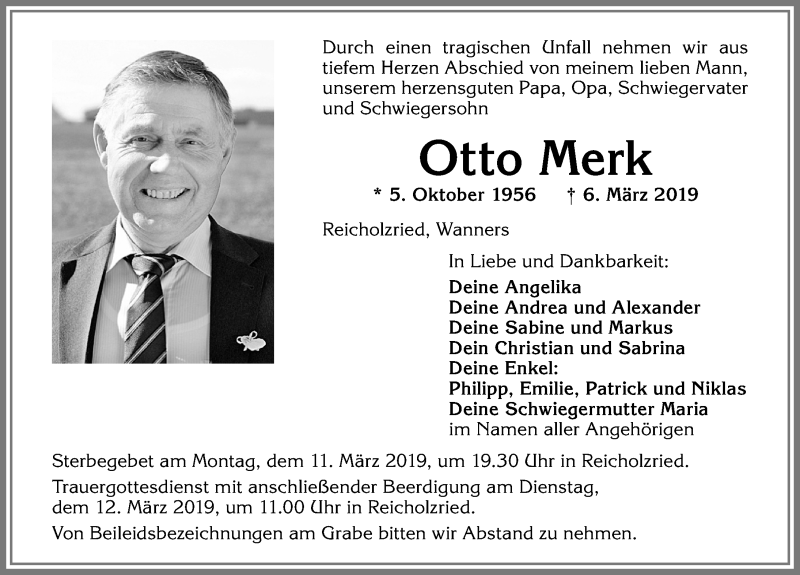  Traueranzeige für Otto Merk vom 09.03.2019 aus Allgäuer Zeitung,Kempten