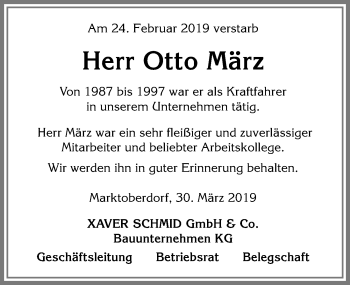 Traueranzeige von Otto März von Allgäuer Zeitung, Marktoberdorf
