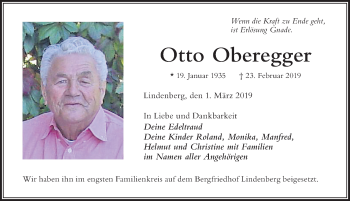 Traueranzeige von Otto Oberegger von Der Westallgäuer