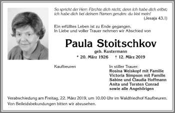 Traueranzeige von Paula Stoitschkov von Allgäuer Zeitung, Kaufbeuren/Buchloe