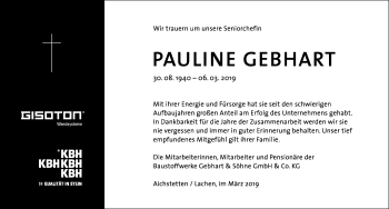 Traueranzeige von Pauline Gebhart von Memminger Zeitung
