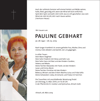 Traueranzeige von Pauline Gebhart von Memminger Zeitung
