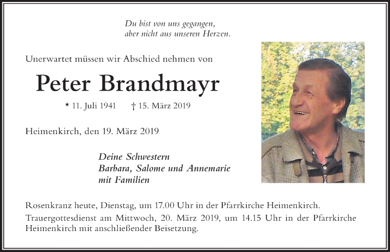  Traueranzeige für Peter Brandmayr vom 19.03.2019 aus Der Westallgäuer