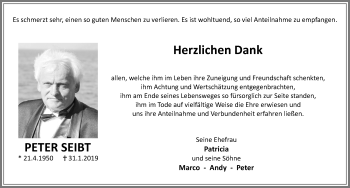 Traueranzeige von Peter Seibt von Allgäuer Zeitung, Kaufbeuren/Buchloe