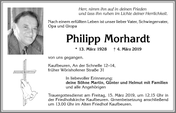 Traueranzeige von Philipp Morhardt von Allgäuer Zeitung, Kaufbeuren/Buchloe
