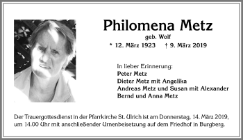 Traueranzeige von Philomena Metz von Allgäuer Anzeigeblatt