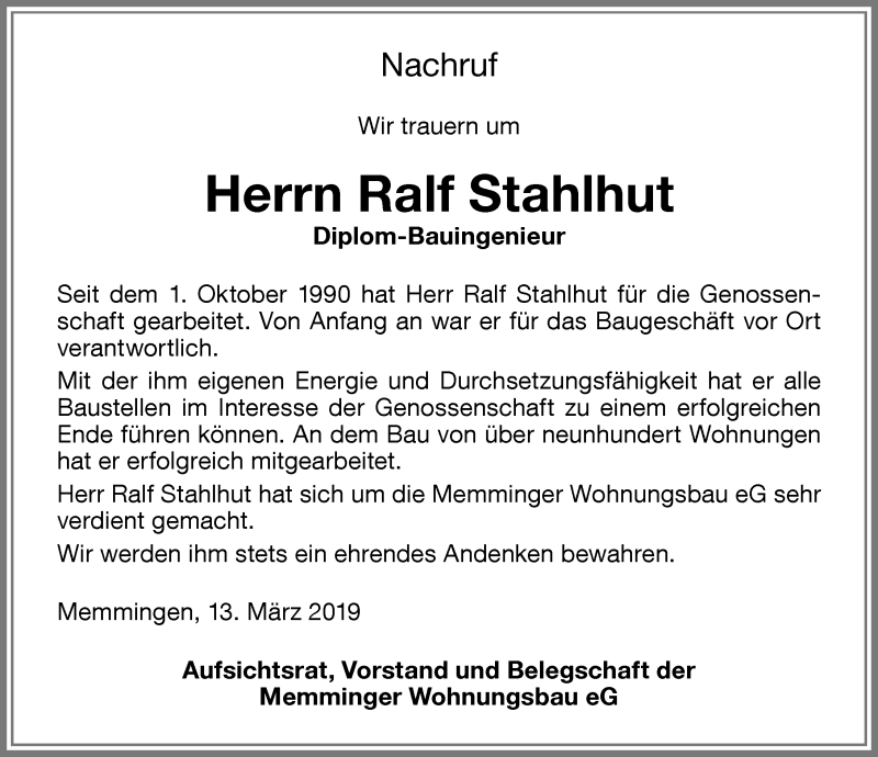  Traueranzeige für Ralf Stahlhut vom 13.03.2019 aus Memminger Zeitung